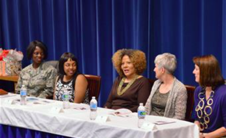 Yvette Kaufman-Bell (center), addresses a question during the Women's Leadership Panel at Kirtland March 24. (Air Force photo by Jamie Burnett)