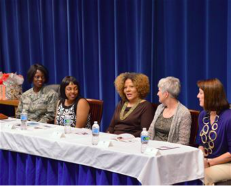 Yvette Kaufman-Bell (center), addresses a question during the Women's Leadership Panel at Kirtland March 24. (Air Force photo by Jamie Burnett)